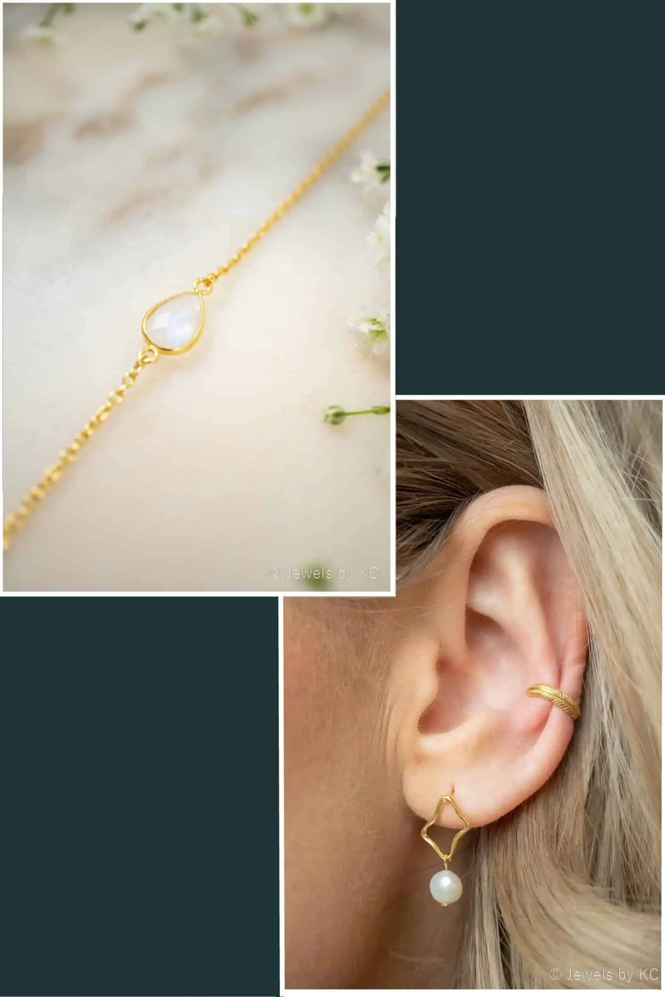sokken Middel Koor Gouden armband & oorbellen edelsteen sieraden set 'Moonstone & Pearl' van  Goud op Zilver - Jewels by KC