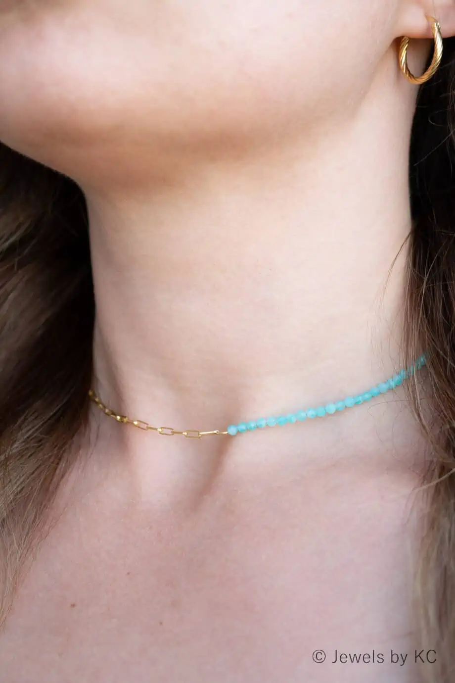Gouden edelsteen ketting Amazoniet aqua blauwe kralen en box chain Goud op Zilver