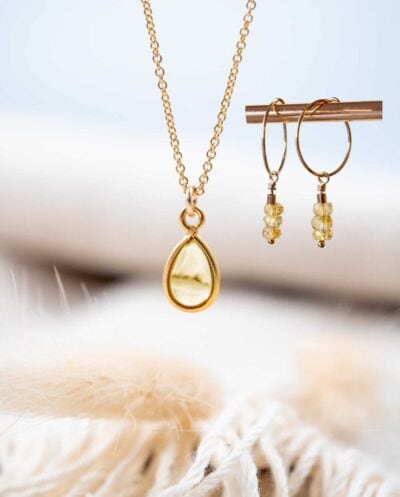 Gouden edelsteen sieradenset gele Citrien ketting en oorbellen handgemaakt 14K Gold filled Goud