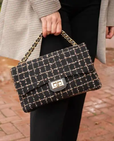 Zwarte Dames Chanel handtas dupe leren designer tas Chanel Timeless Classique tweed bag look-a-like goud Audrey replica stof zwart bruin
