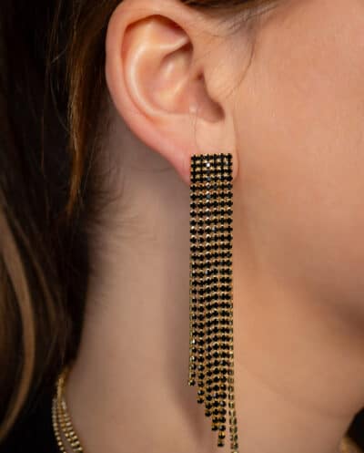 Lange zwarte glitter oorbellen Gouden zirkonia steentjes zwart glitters oorbellen van Goldplated koper